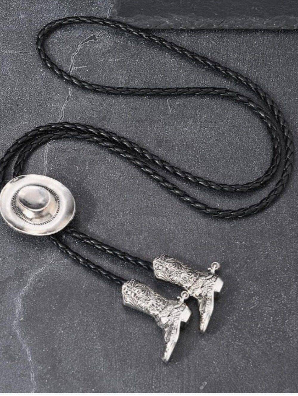 NWT Western Cowboy Boot Bolo Tie Silver Hat Slide Braided Leather Cord Necktie